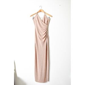 Halter Maxi Dress Womens Small Rose Gold Pink Shimmer 90s Ruched Slit Small